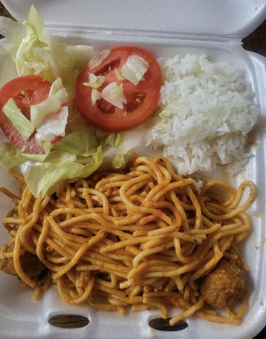 White Rice, Spaghetti with Meatballs & Salad